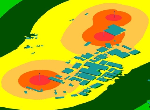 3D weergave van geluidcontouren rondom een windturbinepark